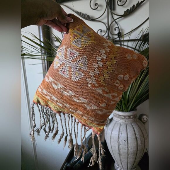 Turkish Tapestry Fringe Rug Throw Pillow Small Muted Colors Orange 12x10 Boho - Picture 9 of 9